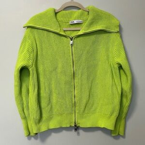 Zara Bright Lime Knit Double Zip-Up Cotton Cardigan